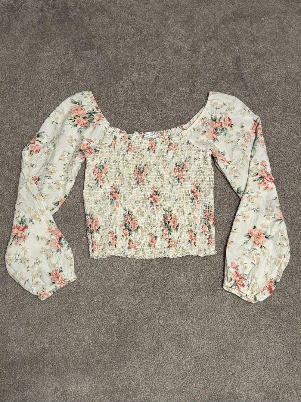 Floral Smocked Off-Shoulder Crop Top - Cream with Pink Roses